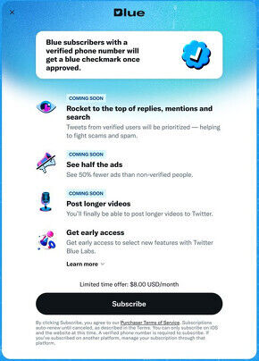 Twitter Blueは12月12日再開、iOSアプリ経由は月額11ドルに 